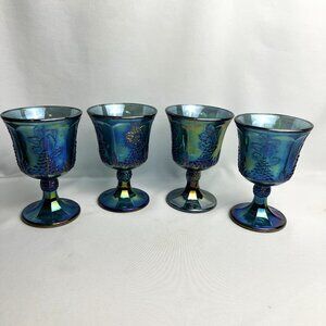 Vintage Blue Iridescent Carnival Glass Goblets Indiana Harvest Grape Set Of 4